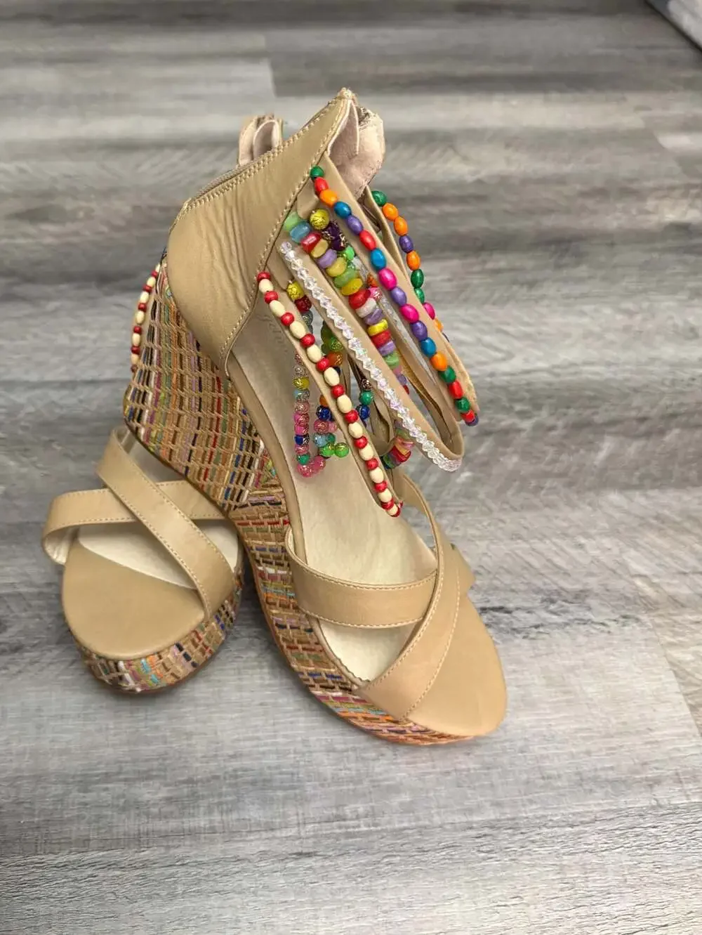 getmorebeauty Women's Wedge Sandals with Multi-Color Beaded Ankle Straps Tan Siz